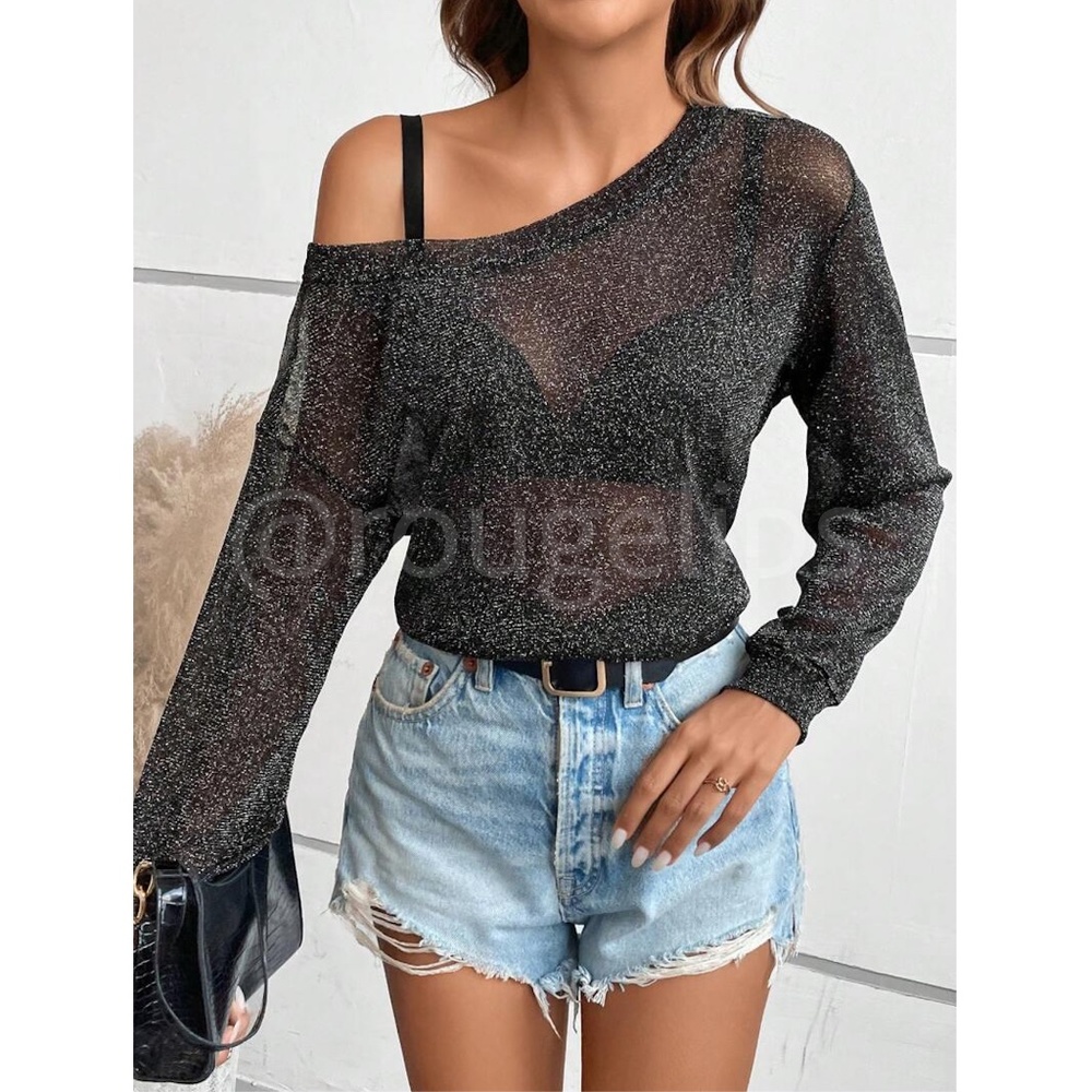 Black Lurex Sheer Black Long Sleeve Asymmetrical Neck - Picture 5 of 9